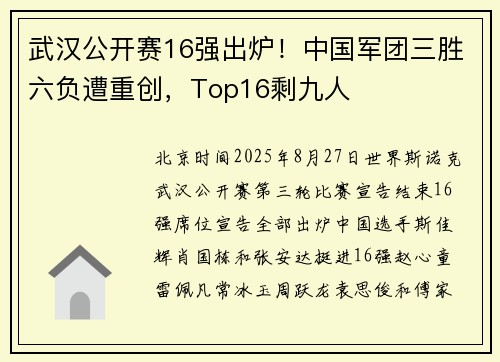 武汉公开赛16强出炉！中国军团三胜六负遭重创，Top16剩九人
